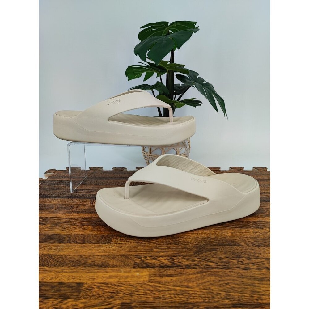 Crocs Women's Brooklyn Beige Wedge Slip On Flip Flop Sandal Size 9US